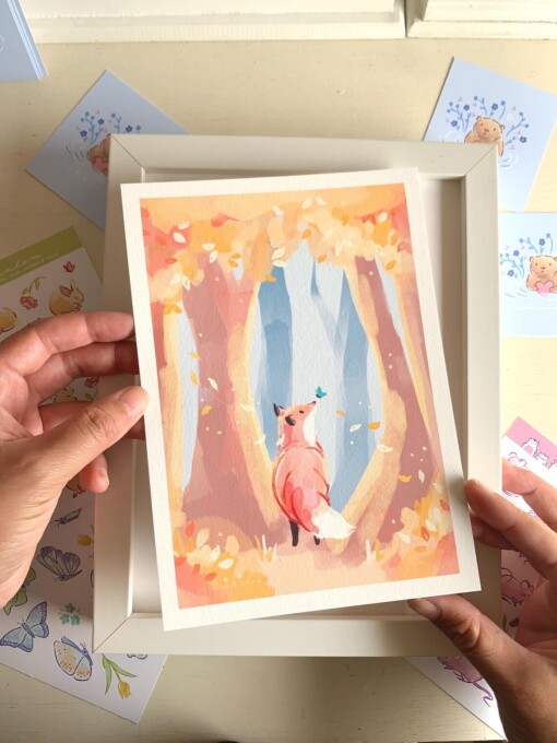 Vos in de Herfst Art Print (A5) – Schattige, Eco-vriendelijke Illustratie op Henneppapier