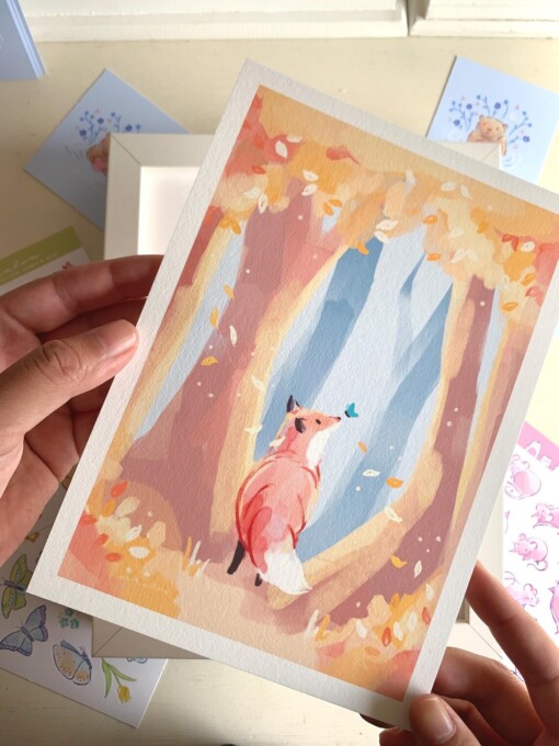 Vos in de Herfst Art Print (A5) – Schattige, Eco-vriendelijke Illustratie op Henneppapier