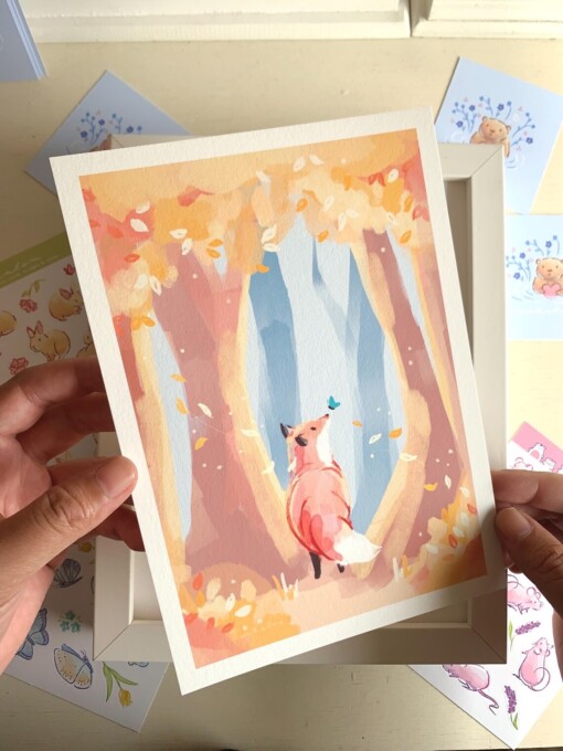 Vos in de Herfst Art Print (A5) – Schattige, Eco-vriendelijke Illustratie op Henneppapier