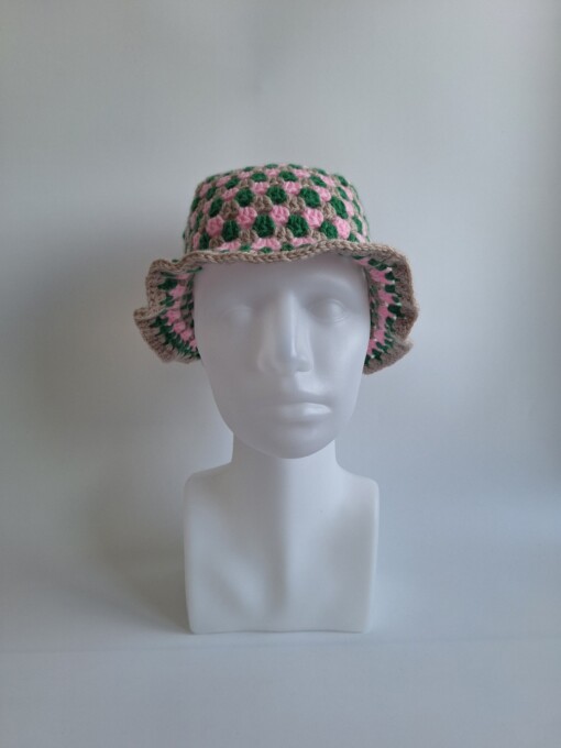 Gehaakte bucket hat | Groen, roze en beige