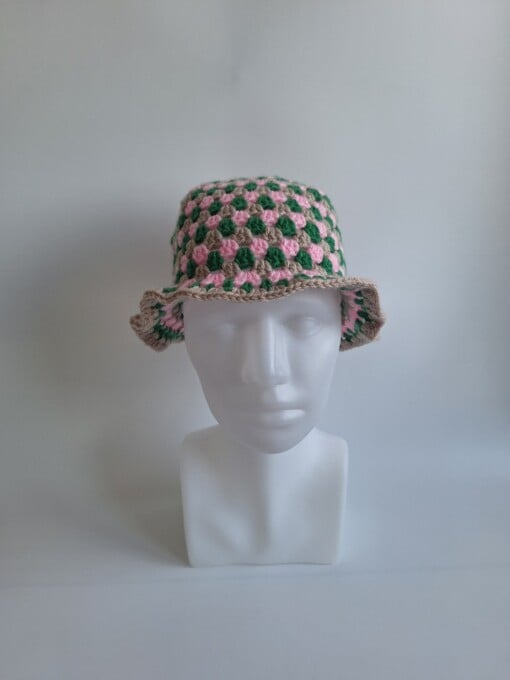 Gehaakte bucket hat | Groen, roze en beige