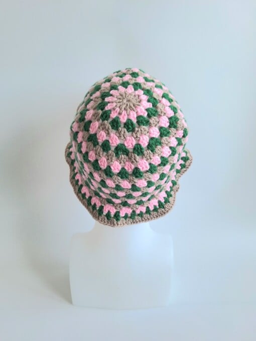 Gehaakte bucket hat | Groen, roze en beige