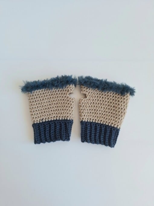 Gehaakte handschoenen - gehaakte vingerloze handschoenen | Beige en denimblauw