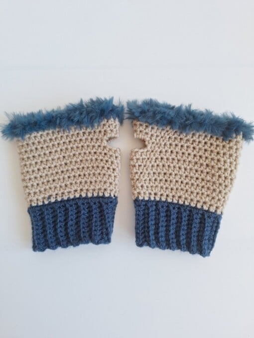 Gehaakte handschoenen - gehaakte vingerloze handschoenen | Beige en denimblauw