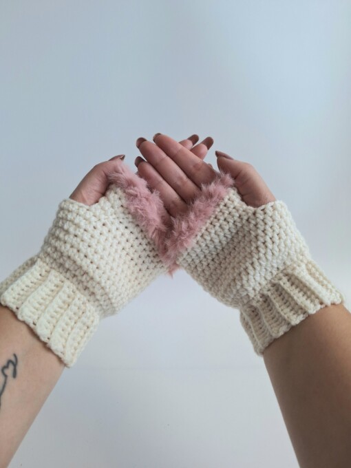 Gehaakte handschoenen - gehaakte vingerloze handschoenen | Crème en poederroze