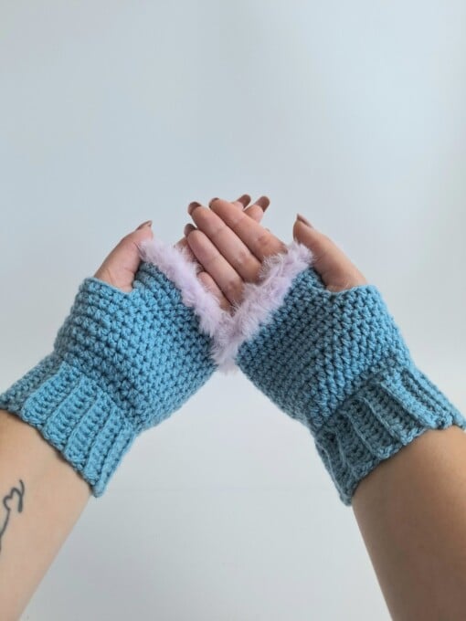 Gehaakte handschoenen - gehaakte vingerloze handschoenen | Denimblauw en lila