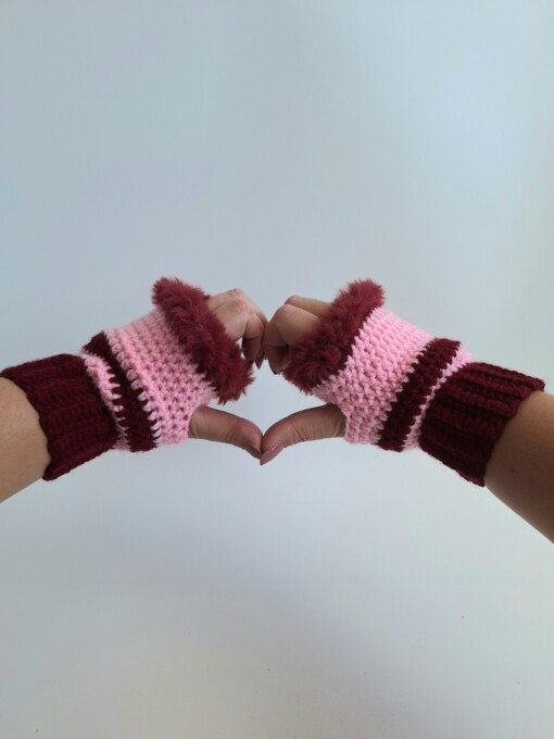 Gehaakte handschoenen - gehaakte vingerloze handschoenen | Wijnrood en lichtroze