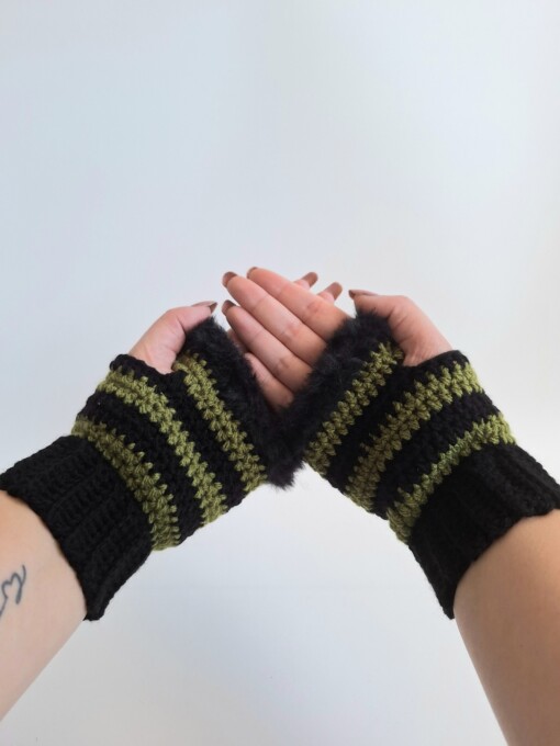 Gehaakte handschoenen - gehaakte vingerloze handschoenen | Zwart en donkergroen