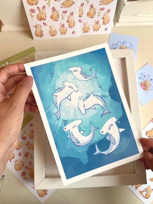 Hamerhaai Art Print (A5) – Schattige, Eco-vriendelijke Illustratie op Henneppapier