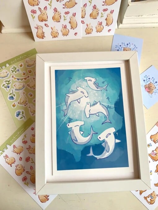 Hamerhaai Art Print (A5) – Schattige, Eco-vriendelijke Illustratie op Henneppapier
