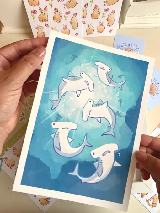 Hamerhaai Art Print (A5) – Schattige, Eco-vriendelijke Illustratie op Henneppapier