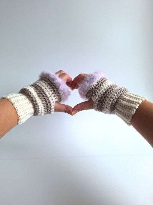Gehaakte handschoenen - gehaakte vingerloze handschoenen | Crème, beige en lila