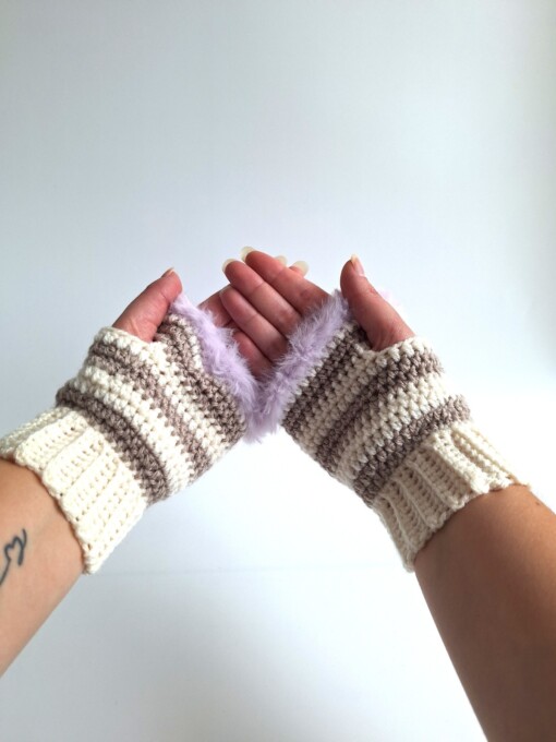 Gehaakte handschoenen - gehaakte vingerloze handschoenen | Crème, beige en lila