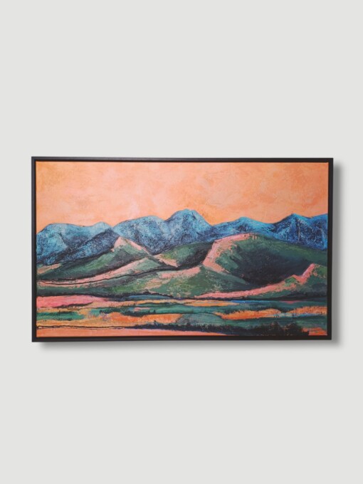 Landschap schilderij - mixed media - oranje blauw