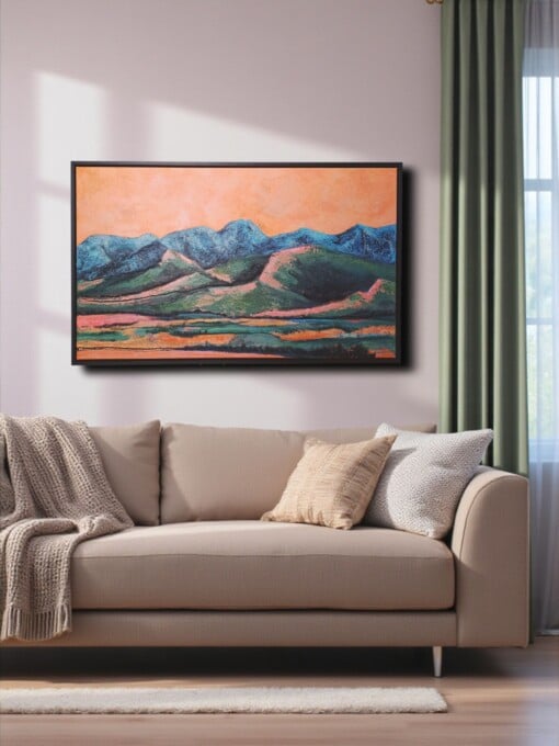 Landschap schilderij - mixed media - oranje blauw