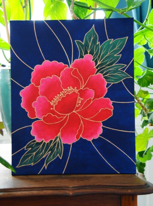 Acryl Schilderij, Chinese Bloem, Bladeren en Lijnen