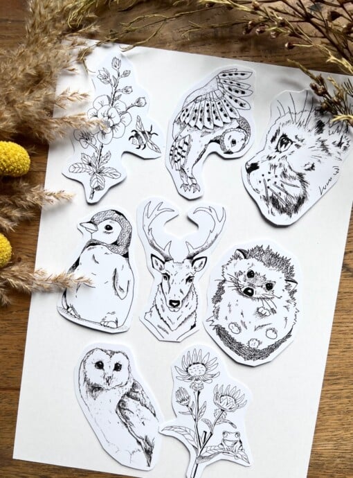 9 stickers van dieren en bloemen