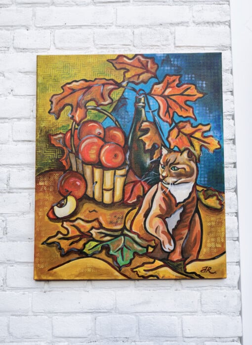 Herst stilleven met kat schilderij on canvas doek, acrylverf