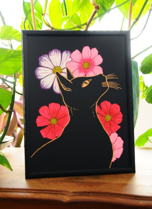 Zwarte Kat en Bloemen, Acrylverf Schilderij