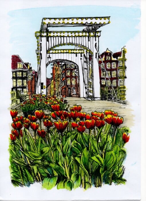 Schilderij Amsterdam Magere Brug Tulpen