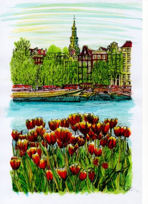 Schilderij Amsterdam Oosterdok Tulpen