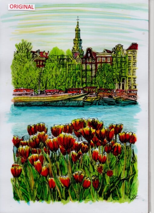 Schilderij Amsterdam Oosterdok Tulpen