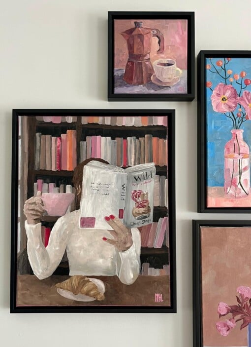 Schilderij "Reading at the bookstore" - origineel kunstwerk van olieverf