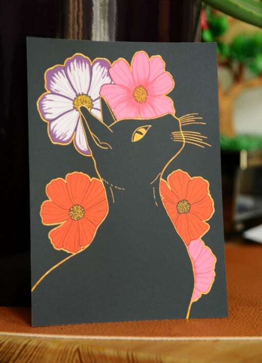 Floral Black Cat A6 Kaart, Bloemen Zwarte Kat Illustratie