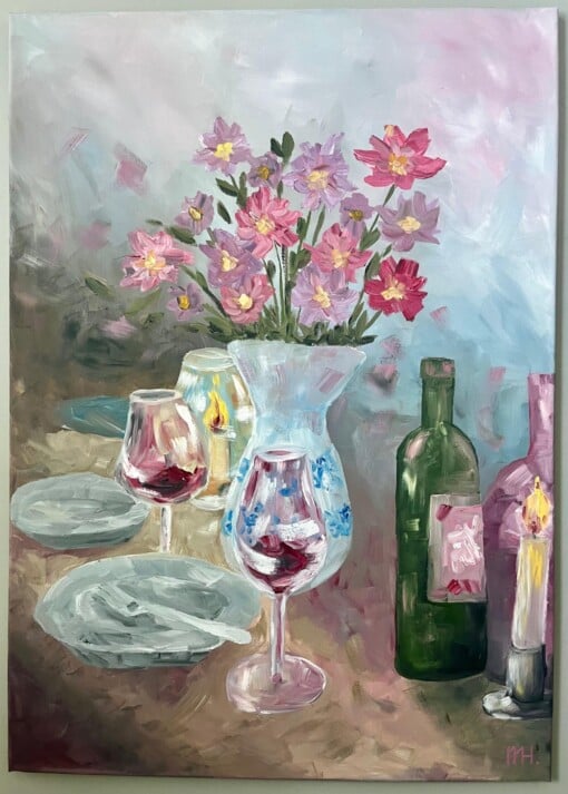 Schilderij "Red wine + flowers" - origineel kunstwerk in olieverf
