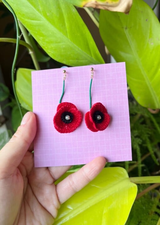 Gehaakte Klaproos Oorbellen – Handgemaakte Rode Bloemen
