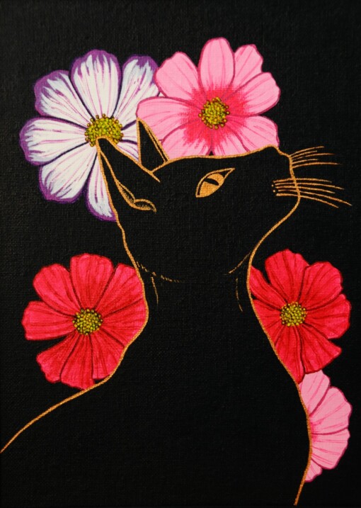 Zwarte Kat en Bloemen, Acrylverf Schilderij
