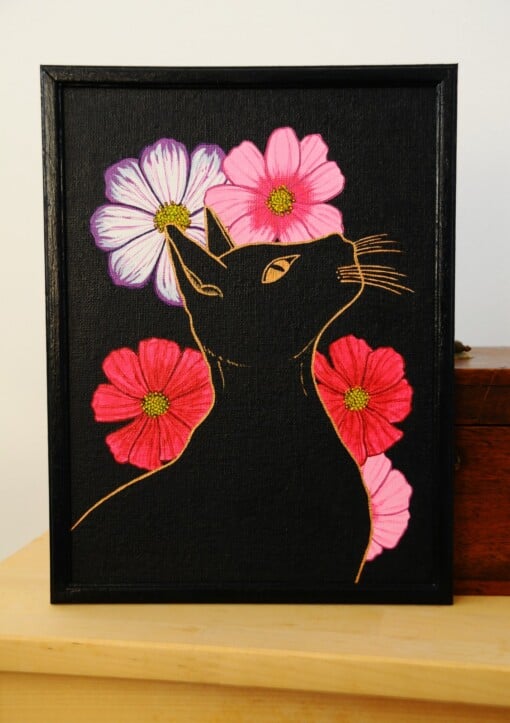 Zwarte Kat en Bloemen, Acrylverf Schilderij