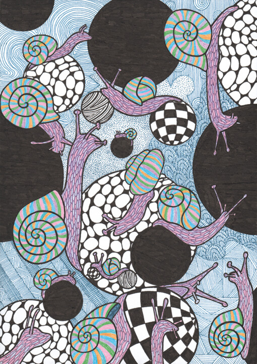Slakken Tekening - Zwart en Witte bollen - Art Print - Kunst - Black Hole Snails