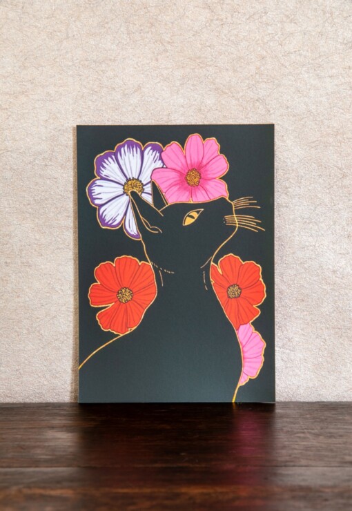 Floral Black Cat A6 Kaart, Bloemen Zwarte Kat Illustratie