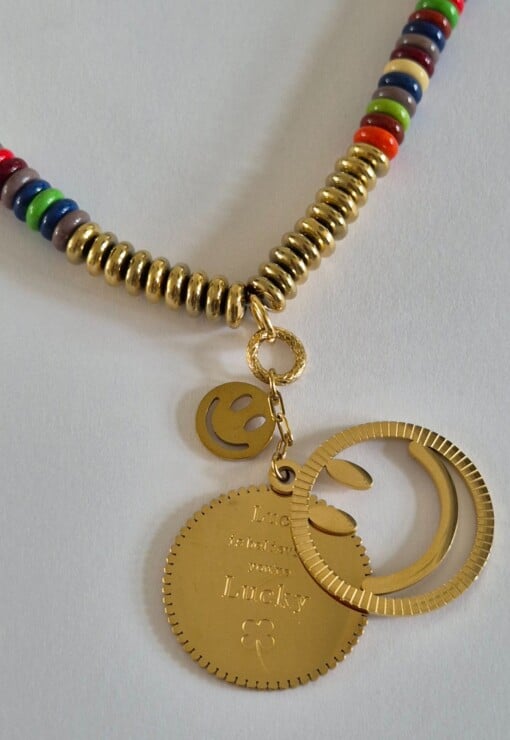 handmade ketting met grote lucky & smiley bedel