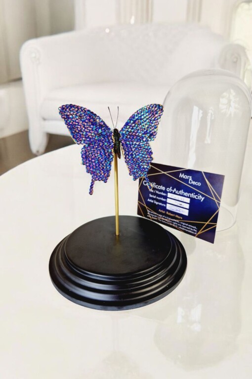 Echte papilio vlinder met Swarovski kristal 23ct verguld en opgezet onder dome - gelimiteerde editie