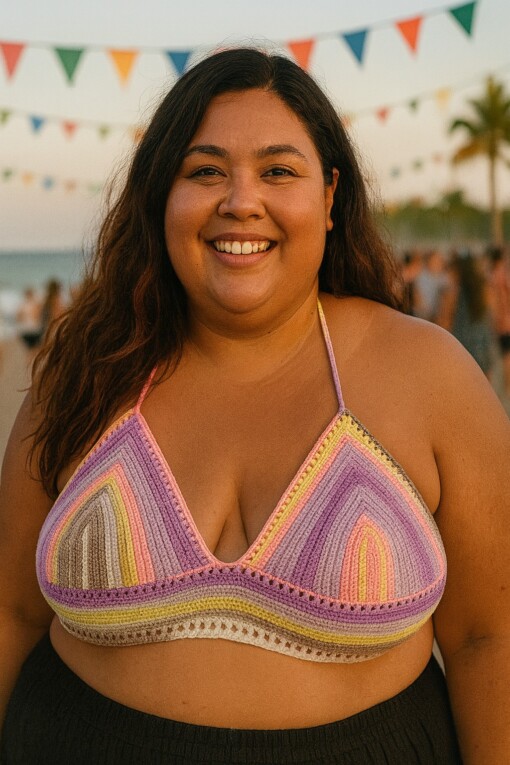 Gehaakt topje 'Boho top geel, beige, perzikoranje, paars en lila'