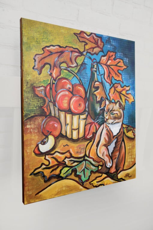 Herst stilleven met kat schilderij on canvas doek, acrylverf