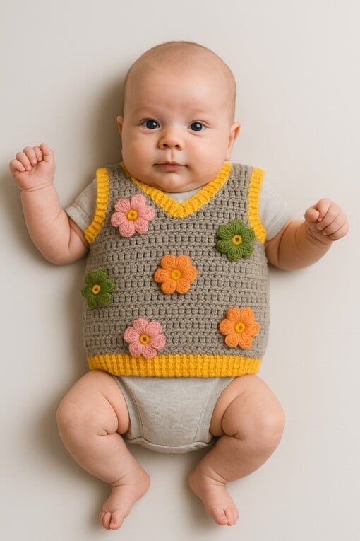 Gehaakt baby vestje | Beige en geel met lichtroze, groene en oranje bloemen