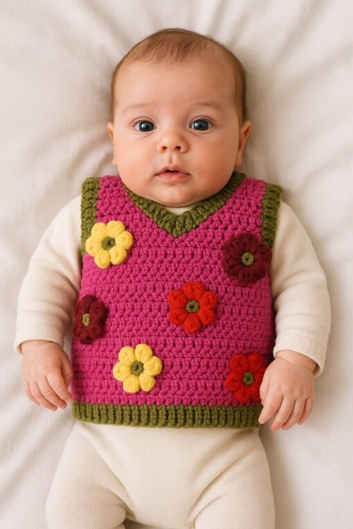 Gehaakt baby vestje | Fuchsia en donkergroen met gele, wijnrode en knalrode bloemen