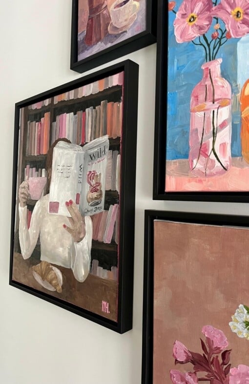 Schilderij "Reading at the bookstore" - origineel kunstwerk van olieverf