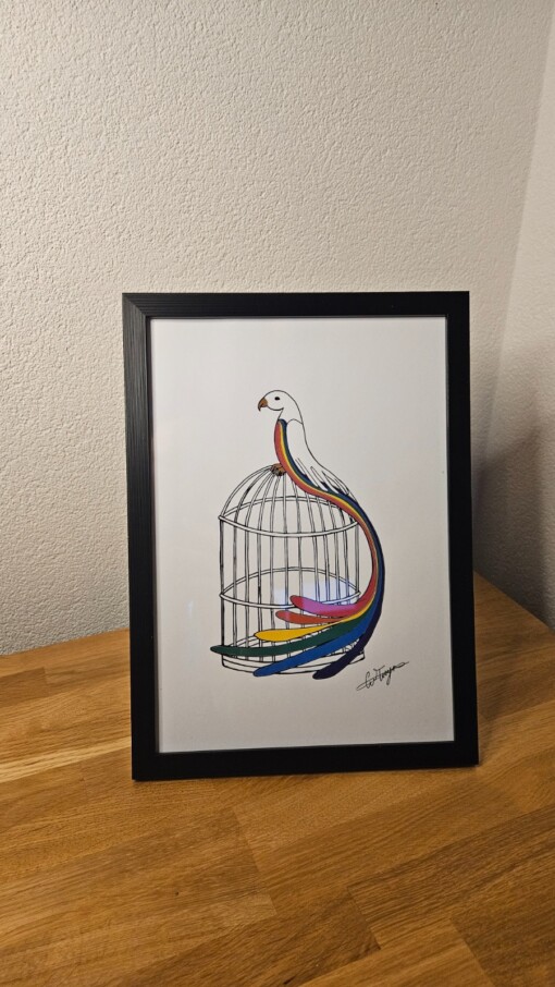 Print van een vogel die vrij is 'Bird Uncaged' in zwarte lijst
