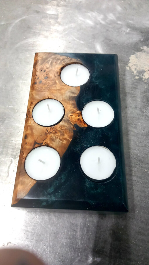 Waxine licht houder populier burl en epoxy donker blauw
