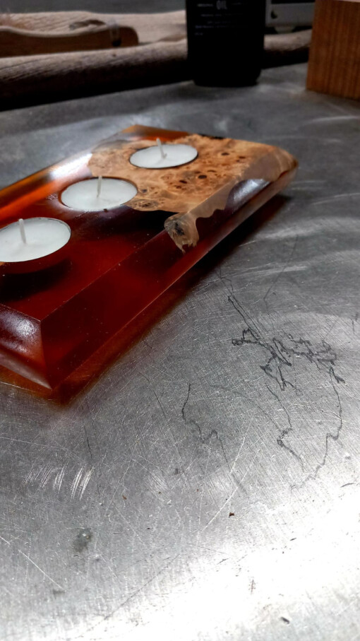 Waxine licht houder populier burl en epoxy oranje