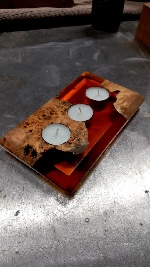 Waxine licht houder populier burl en epoxy oranje