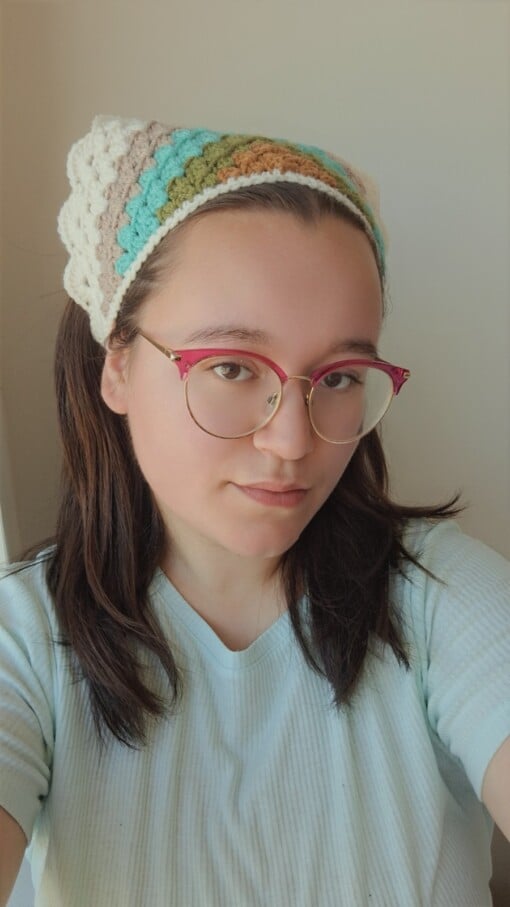Gehaakte bandana 'Crème, beige en turquoise'