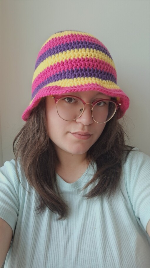 Gehaakte bucket hat | Geel, fuchsia en paars