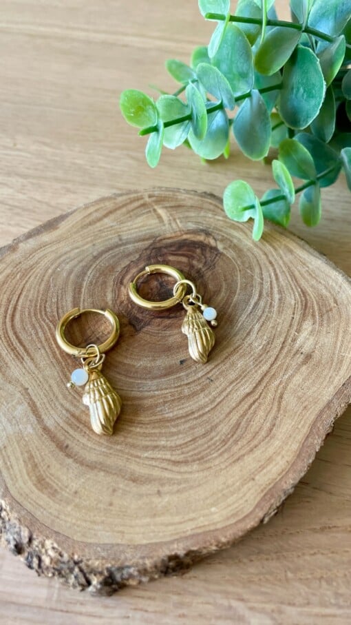 Creolen met gouden schelp en witte schelp kraal – boho beach oorbellen