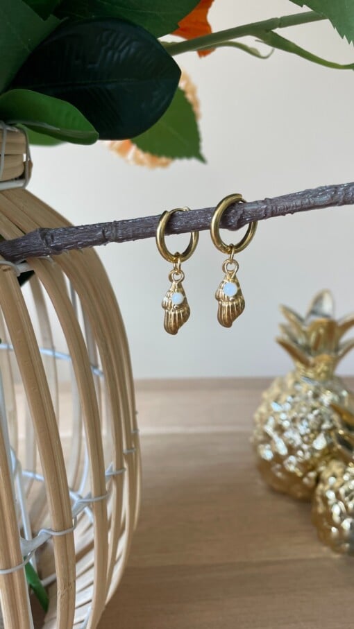 Creolen met gouden schelp en witte schelp kraal – boho beach oorbellen