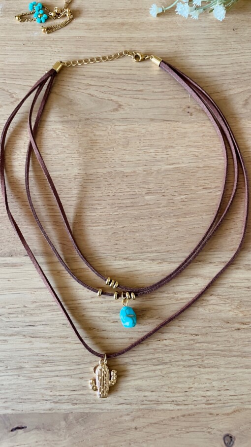 Hippe 3-Lagen Ketting | Bruin Leer + Cactus & Turquoise Steen